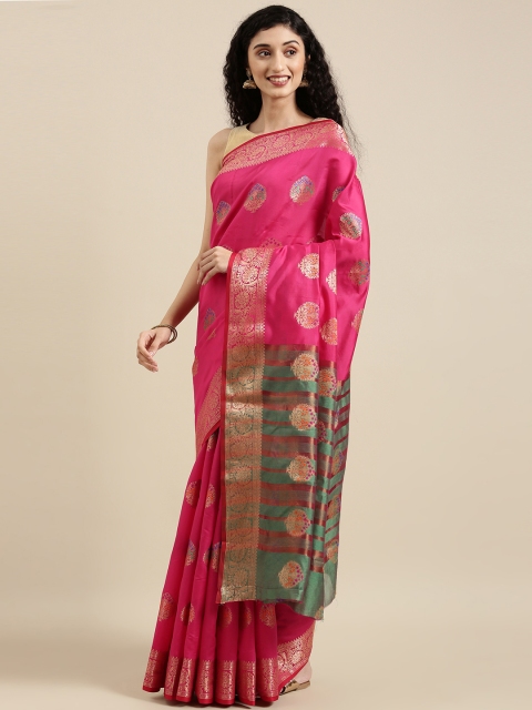 

Triveni Pink Ethnic Motifs Zari Silk Blend Paithani Saree