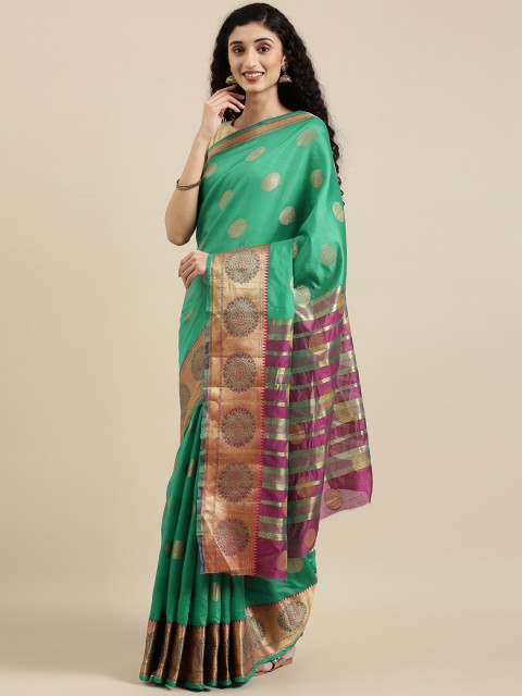 

Triveni Green & Pink Woven Design Zari Silk Blend Paithani Saree