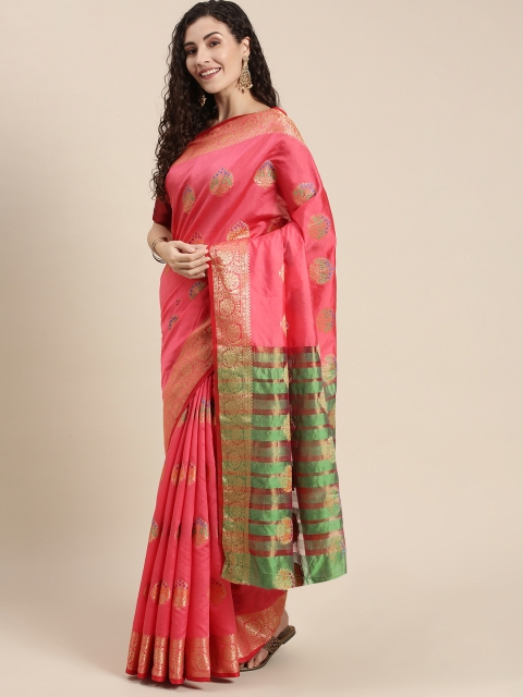 

Triveni Pink & Green Ethnic Motifs Zari Silk Blend Paithani Saree