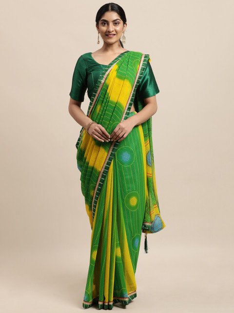 

Triveni Green & Yellow Bandhani Pure Georgette Saree