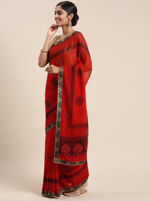 

Triveni Red Ethnic Motifs Sequinned Pure Georgette Saree