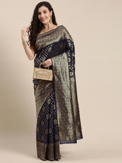 

Triveni Navy Blue Ethnic Motifs Zari Silk Blend Saree