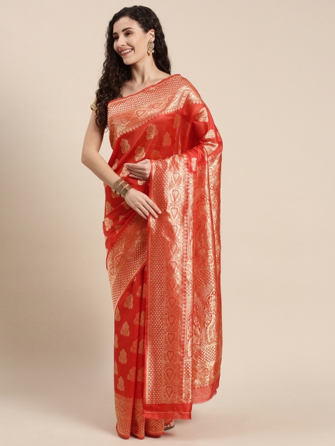 

Triveni Red Ethnic Motifs Zari Silk Blend Saree