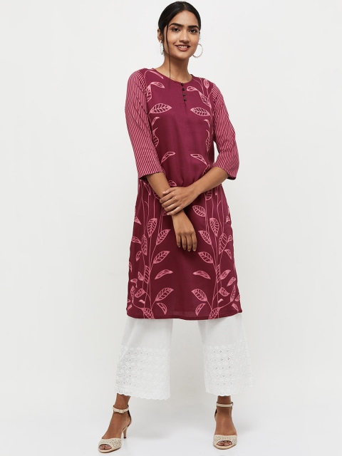 

max Women Maroon Embroidered Flared Sleeves Thread Work Kurta