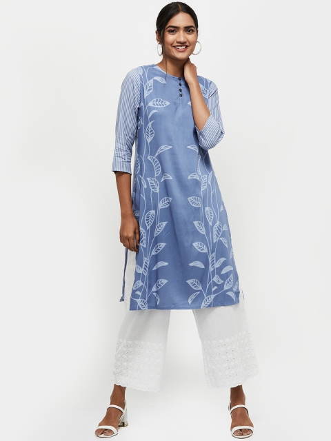 

max Women Blue Floral Printed Flared Sleeves Thread Work Kurta