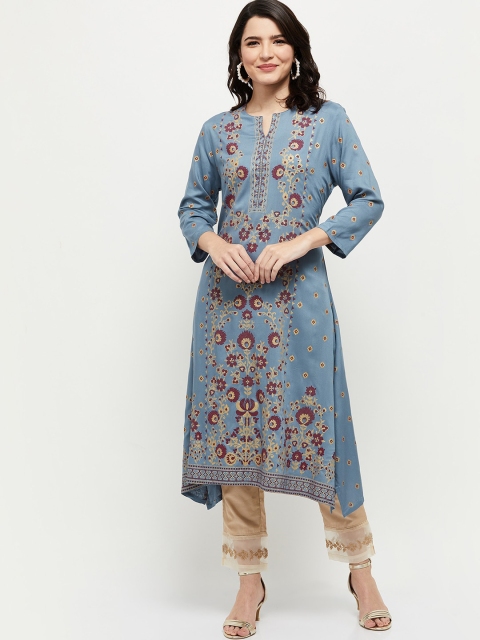 

max Women Blue Floral Embroidered Thread Work Kurta