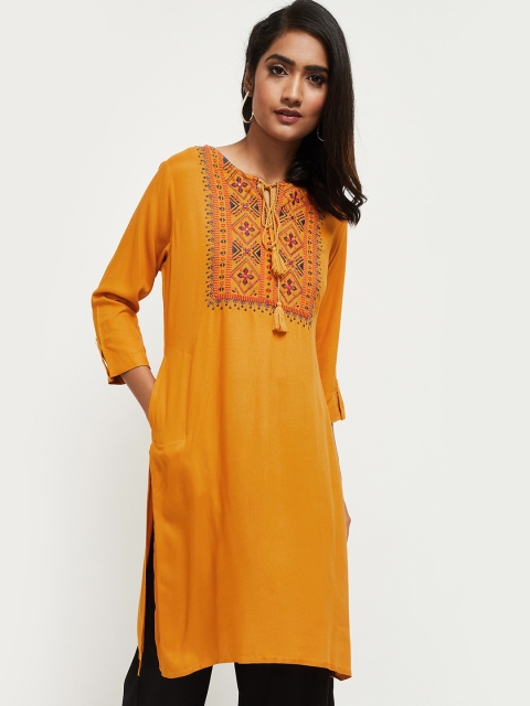 

max Women Mustard Yellow Floral Yoke Design Thread Work Kurta
