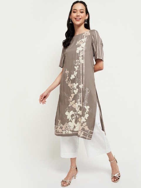 

max Women Taupe Floral Printed Cold-Shoulder Sleeves Kurta
