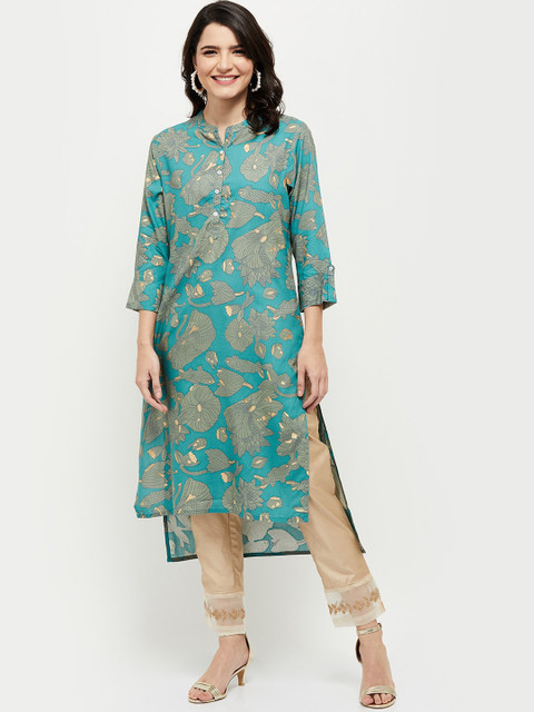 

max Women Teal Floral Keyhole Neck Thread Work Kurta