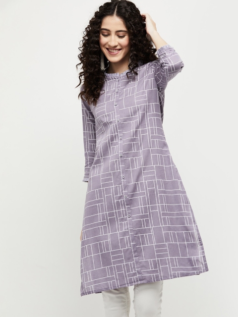 

max Women Purple Checked Keyhole Neck Flared Sleeves Thread Work Kurta
