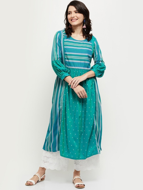 

max Women Green Striped Flared Sleeves Thread Work Anarkali Kurta