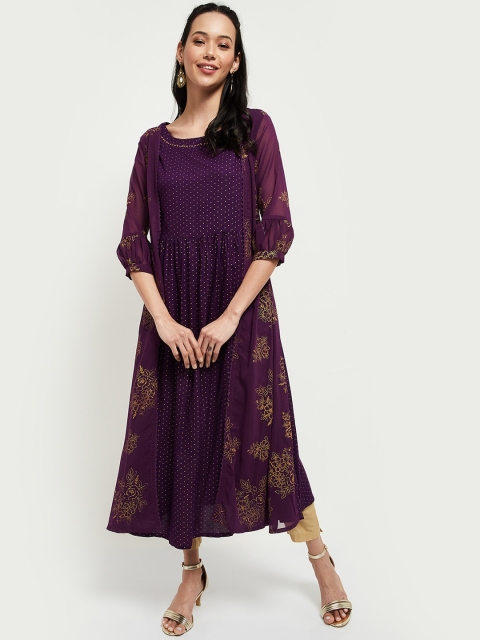 

max Women Purple & Golden Floral Printed Kurta