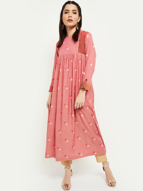 

max Women Orange Geometric Striped Cold-Shoulder Sleeves Thread Work Anarkali Kurta