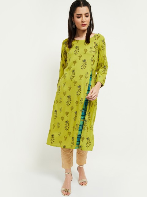 

max Women Lime Green Ethnic Motifs Printed Thread Work Kurta