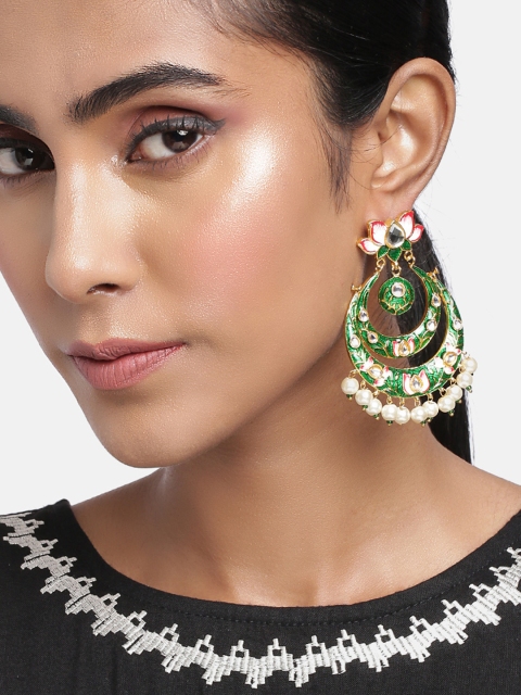 

Peora Women Green & White Crescent Shaped Chandbalis Earrings