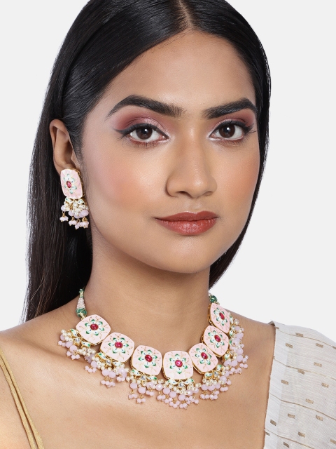 

Peora Pink & Gold-Plated Handcrafted Enamel Meenakari Choker Necklace with Earrings Set
