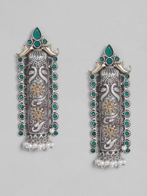 

Peora Silver-Toned & Green Contemporary Drop Earrings