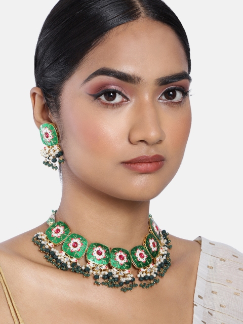 

Peora Green Gold-Plated Handcrafted Enamel Meenakari Choker Necklace with Earrings