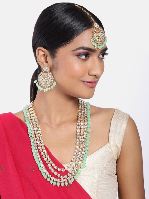 

Peora Sea Green & Gold-Plated Kundan Studded Multi-Strand Long Traditional Jewellery Set