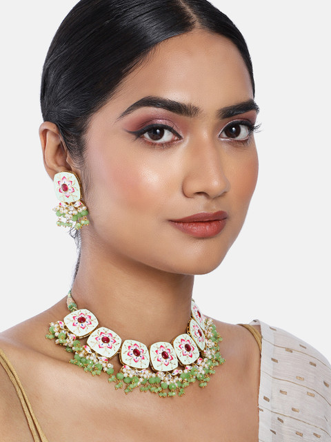 

Peora Green Gold-Plated Handcrafted Enamel Meenakari Choker Necklace with Earrings