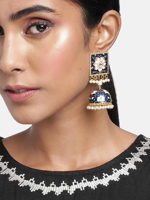 

Peora Women Navy Blue & Gold-Toned Dome Shaped Jhumkas Earrings