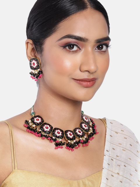 

Peora Black Gold-Plated Handcrafted Enamel Meenakari Choker Necklace with Earrings