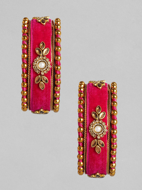 

Peora Set of 6 Magenta & Gold-Plated Velvet Kundan Studded Bangles