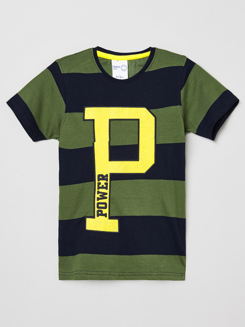 

max Boys Olive Green & Navy Blue Striped T-shirt