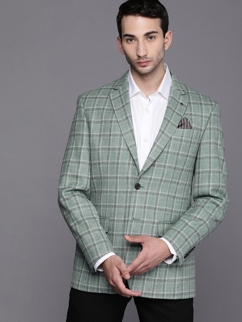 

Louis Philippe Men Green Checked Slim Fit Pure Wool Single-Breasted Formal Blazer