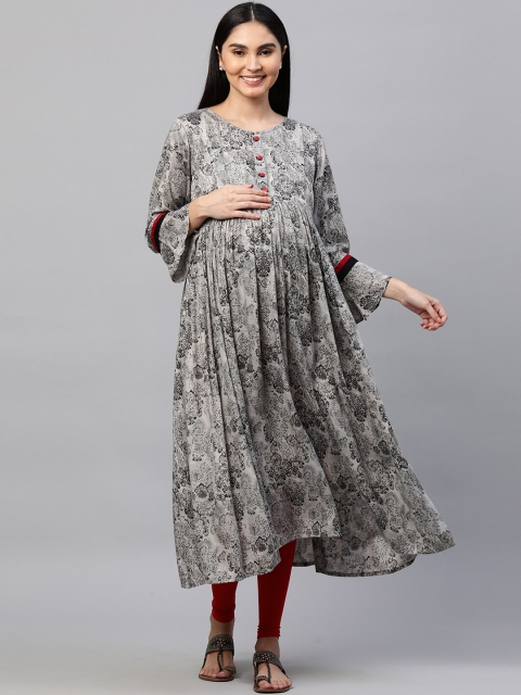 

MomToBe Women Grey Ethnic Motifs Printed Bell Sleeves Maternity Anarkali Kurta