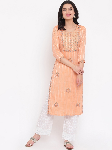 

Napra Women Peach-Coloured Floral Embroidered Pastels Kurta