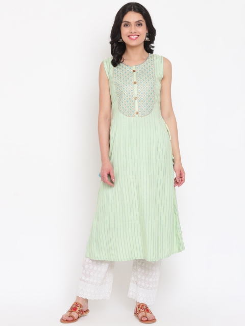 

Napra Women Green Striped Thread Work A-Line Kurta