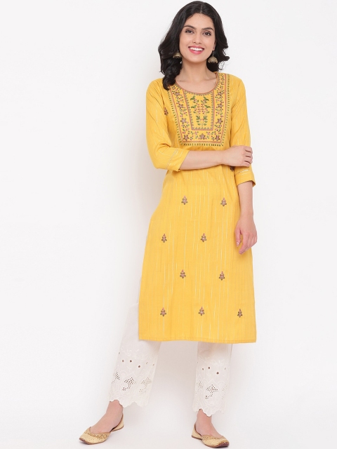 

Napra Women Yellow & Multicoloured Floral Embroidered Kurta