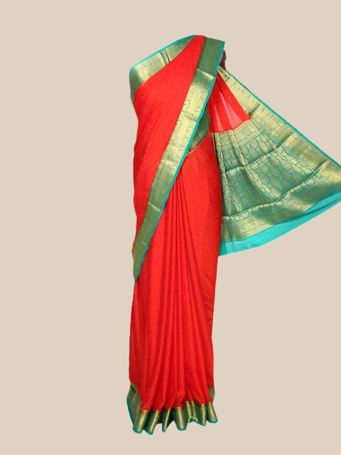 

The Chennai Silks Red & Green Ethnic Motifs Zari Mysore Silk Saree