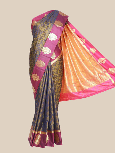 

The Chennai Silks Olive Green & Blue Ethnic Motifs Zari Art Silk Saree