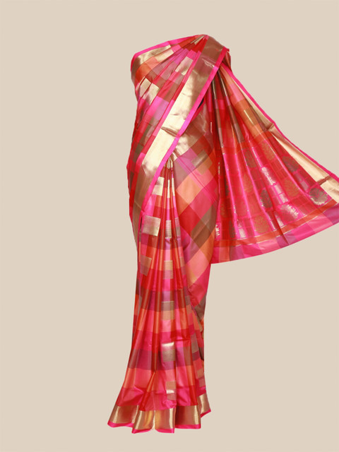 

The Chennai Silks Peach-Coloured & Magenta Checked Art Silk Saree