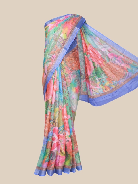 

The Chennai Silks Green & Blue Floral Linen Blend Saree