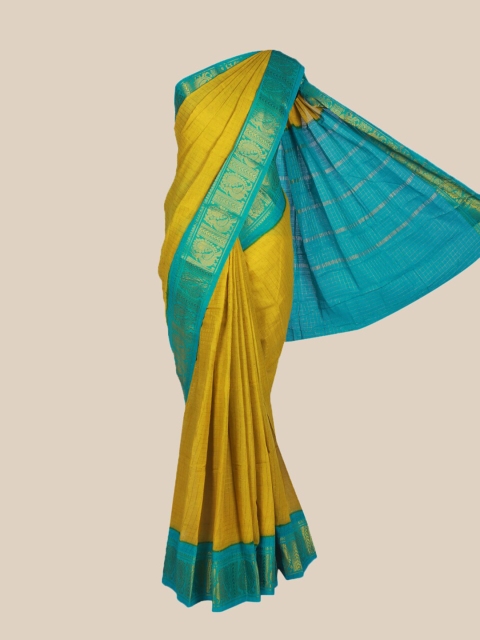 

The Chennai Silks Mustard & Turquoise Blue Checked Pure Cotton Sungudi Saree