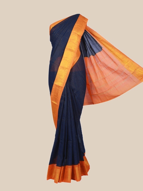 

The Chennai Silks Navy Blue & Orange Checked Pure Cotton Sungudi Saree