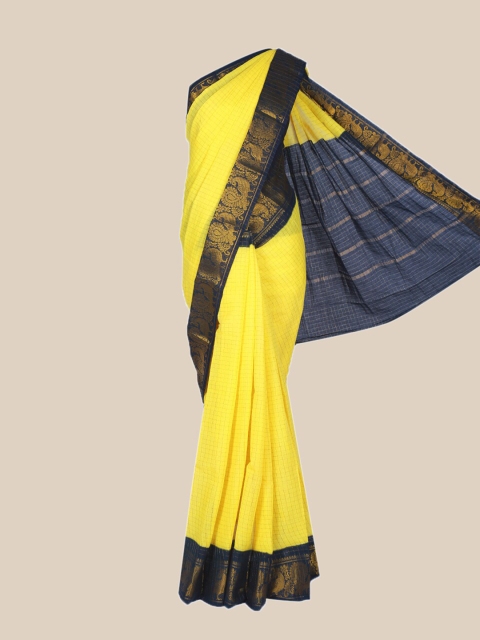 

The Chennai Silks Yellow & Navy Blue Checked Pure Cotton Sungudi Saree