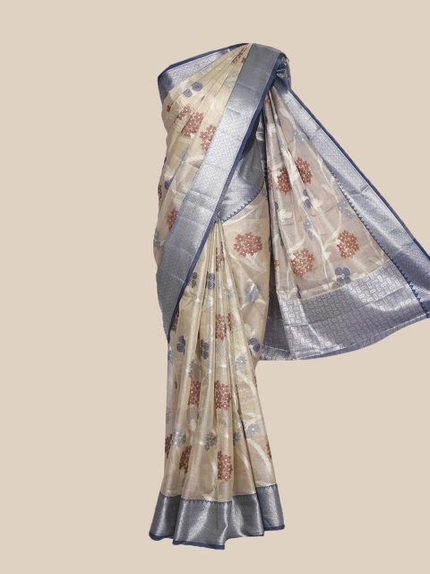 

The Chennai Silks Beige & Grey Floral Zari Border Banarasi Saree