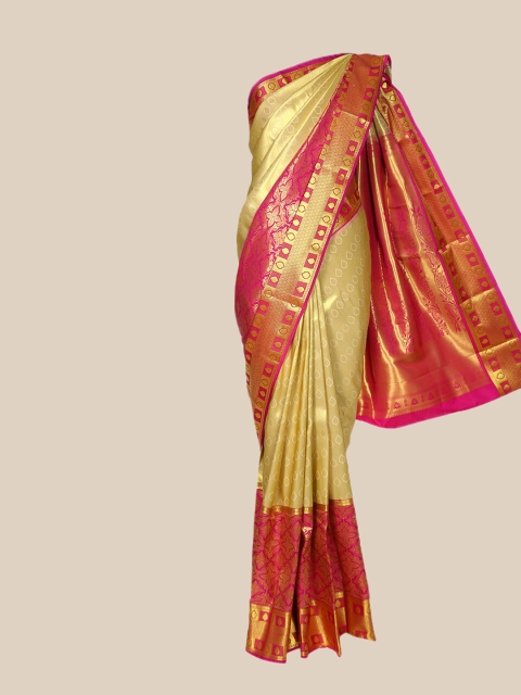 

The Chennai Silks Gold-Toned & Magenta Ethnic Motifs Brocade Saree