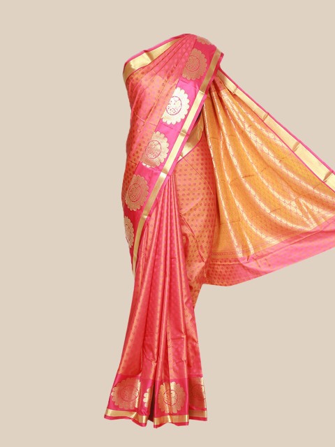 

The Chennai Silks Coral & Gold-Toned Woven Design Zari Art Silk Saree