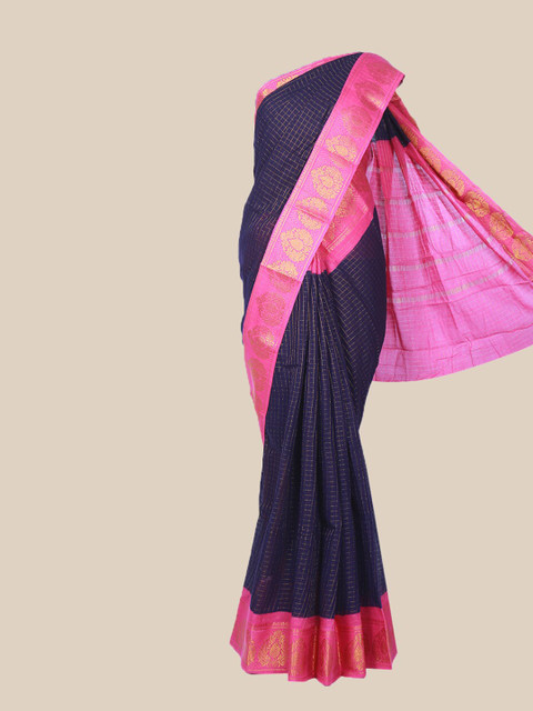 

The Chennai Silks Navy Blue & Pink Woven Design Zari Border Pure Cotton Sungudi Saree