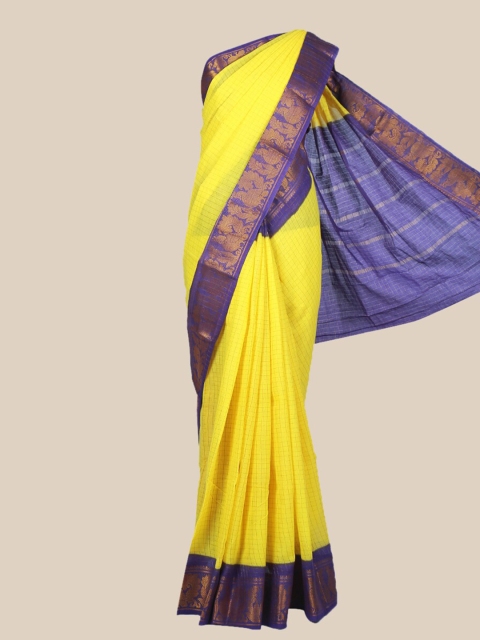 

The Chennai Silks Yellow & Blue Checked Zari Border Pure Cotton Sungudi Saree