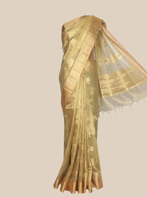 

The Chennai Silks Beige & Copper-Toned Floral Zari Tissue Fusion Saree