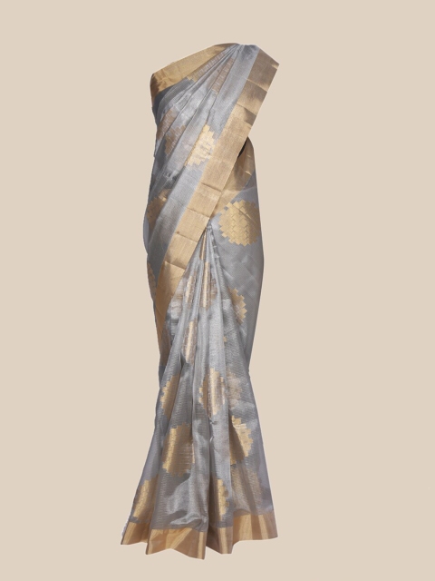 

The Chennai Silks Grey & Gold-Toned Woven Design Zari Tissue Saree