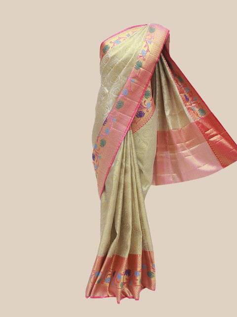 

The Chennai Silks Beige & Pink Floral Organza Fusion Banarasi Saree