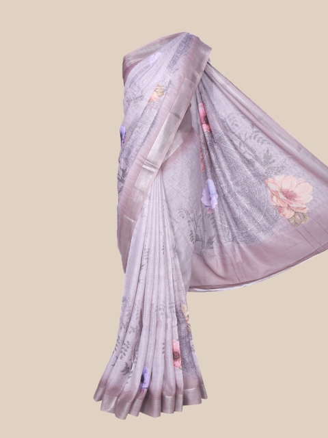 

The Chennai Silks Purple & Silver-Toned Floral Linen Blend Fusion Saree