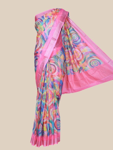 

The Chennai Silks Pink & Multicoloured Linen Blend Printed Fusion Saree